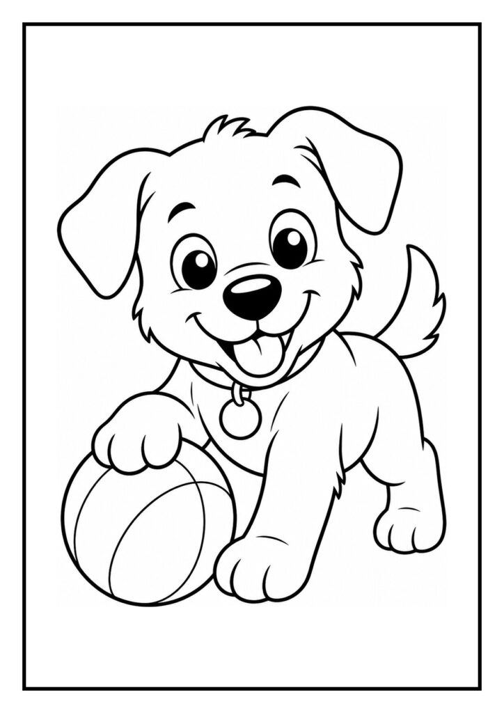 Kleurplaat van een vrolijke puppy die speelt met een grote bal, geschikt voor jonge kinderen.