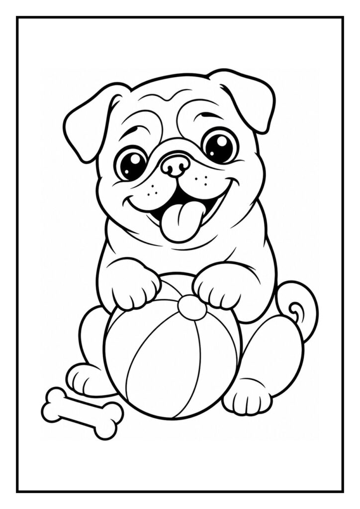Leuke kleurplaat van een vrolijke mopshond die met een bal speelt en een botje naast zich heeft.