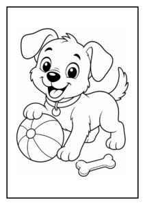 Leuke kleurplaat van een vrolijke puppy met een bal en een bot in een regenplas