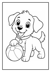 Leuke kleurplaat van een vrolijke puppy met een bal die een verborgen bot vindt, geschikt voor kinderen.