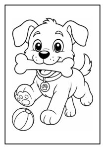 Kleurplaat van een vrolijke puppy die een bot draagt en naast een bal op een glijbaan speelt