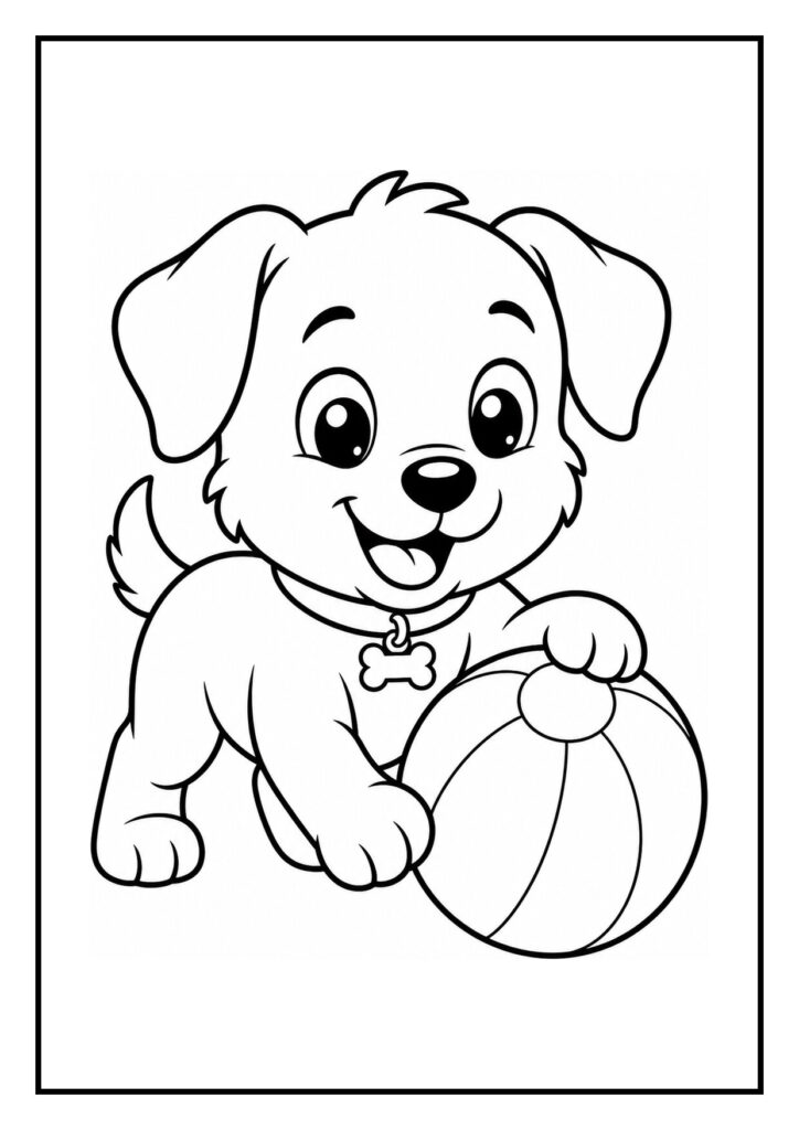 Leuke kleurplaat van een vrolijke puppy die speelt met een bal in een appelmand