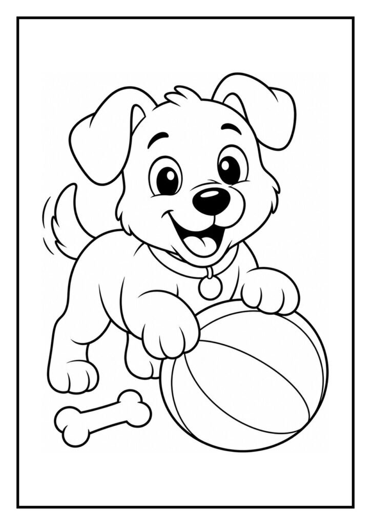 Leuke kleurplaat van een vrolijke puppy die een ijsje likt met een bal en botje op de achtergrond