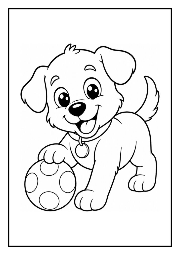 Kleurplaat van een vrolijke puppy die bellen blaast tijdens het spelen met een bal