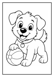 Kleurplaat van een schattige puppy die vrolijk met een bal speelt in een speeldoos vol speelgoed