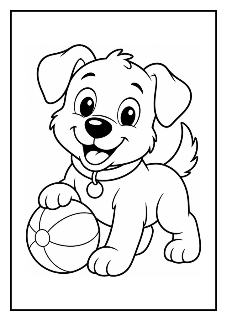 Kleurplaat van een schattige puppy die vrolijk met een bal speelt in een speeldoos vol speelgoed