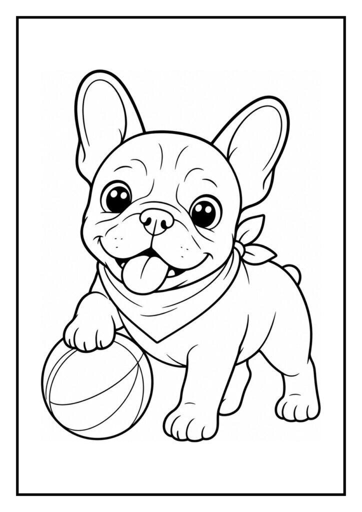 Kleurplaat van een schattige Franse bulldog die een bal vangt met een sjaaltje om de nek, in een vrolijke sportieve scène.