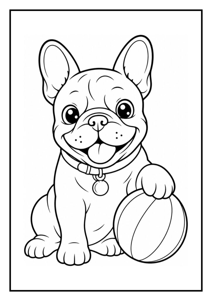Kleurplaat van een Franse bulldog die een sok uit een wasmand trekt met een vrolijke blik.