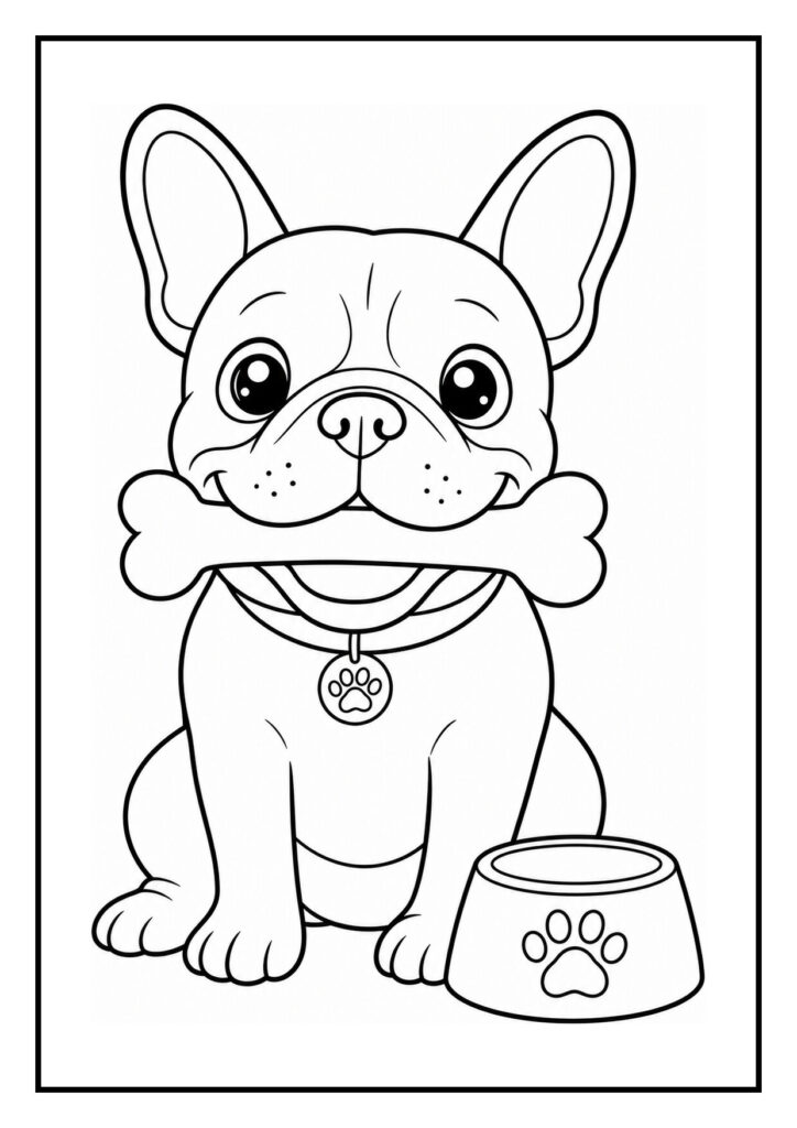 Kleurplaat van een Franse bulldog die een taartlik krijgt naast een voerbak