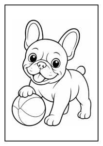 Kleurplaat van een speelse Franse bulldog pup die aan een touw trekt.