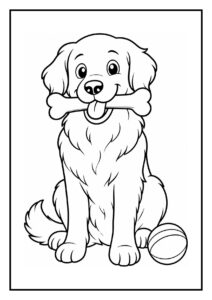 Vrolijke kleurplaat van een golden retriever die een bal vangt en een bot in zijn bek houdt.