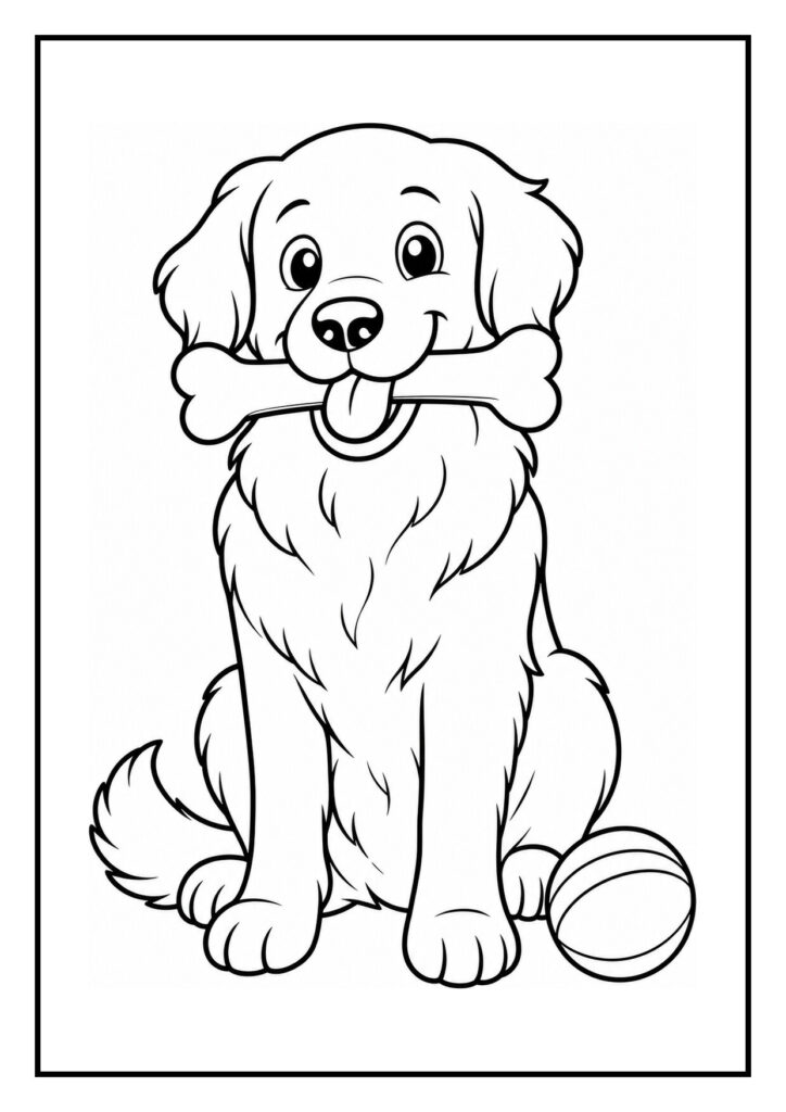 Vrolijke kleurplaat van een golden retriever die een bal vangt en een bot in zijn bek houdt.
