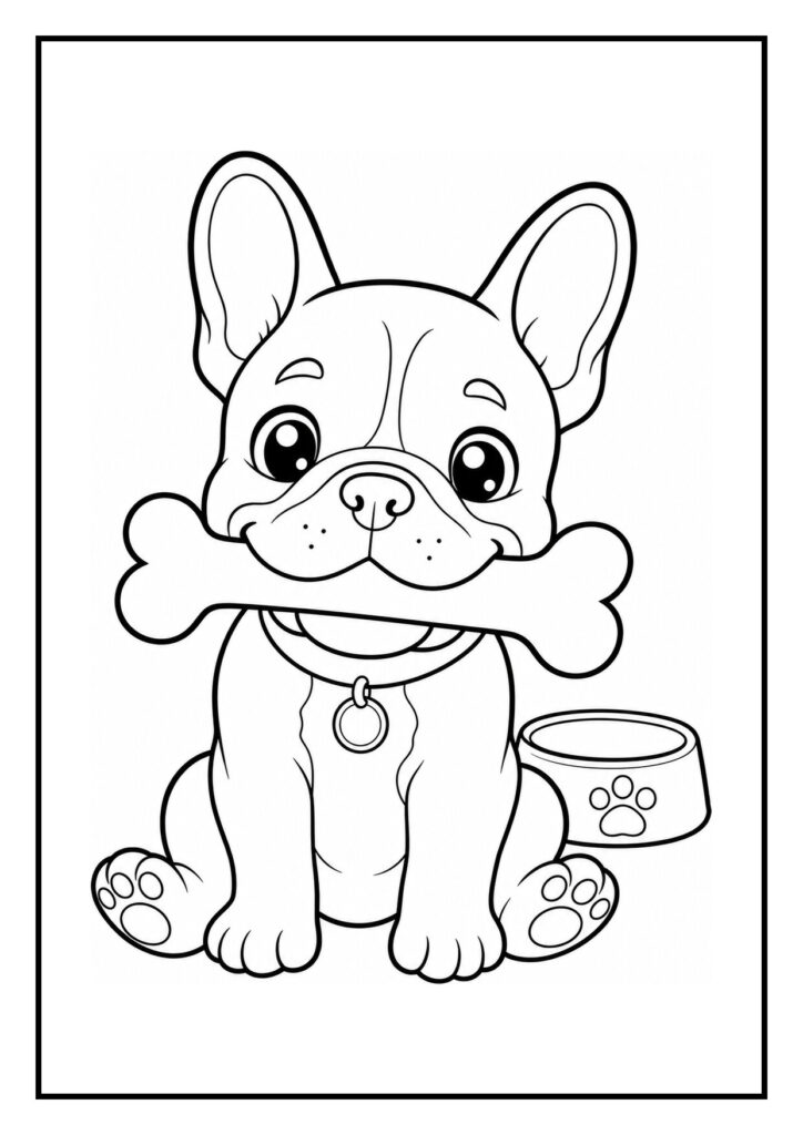 Kleurplaat van een Franse bulldog die een bot in zijn bek houdt terwijl hij van een heuveltje afglijdt met een hondenbak op de achtergrond.