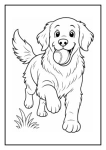 Kleurplaat van een golden retriever die een mand met pupspeelgoed draagt