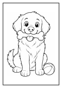 Kleurplaat van een vrolijke golden retriever die naast een bal zit en een bot in de bek houdt bij de voordeur