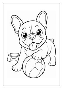 Kleurplaat van een vrolijke Franse bulldog die uit een cadeaudoos springt met een bal en hondenbak op de achtergrond