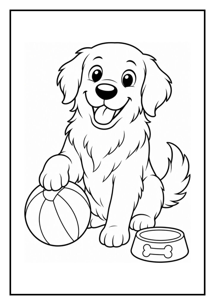 Kleurplaat van een vrolijke golden retriever die met een bal speelt naast een hondenvoerbak en speelgoed opruimt