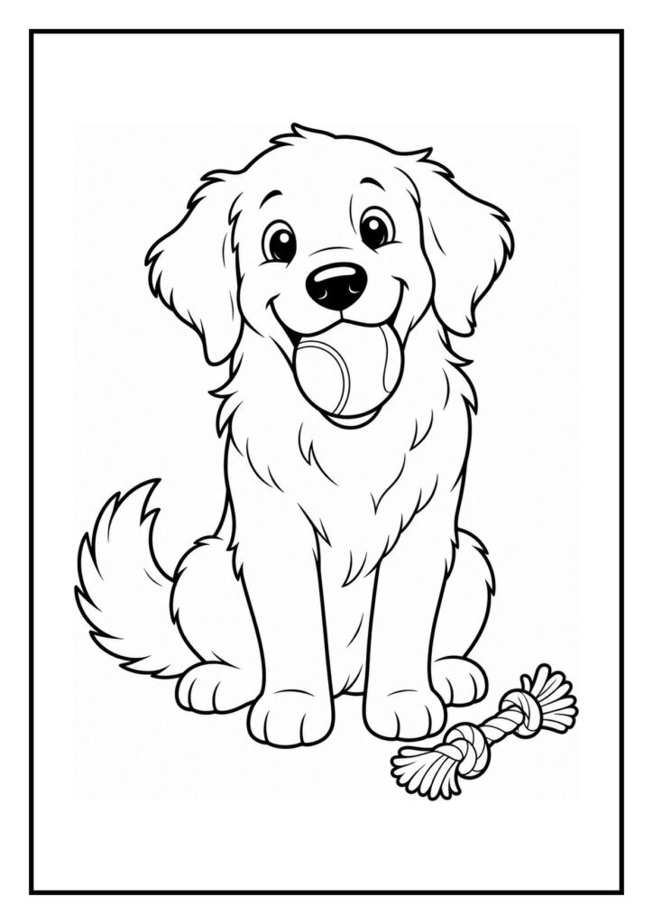 Kleurplaat van een vrolijke golden retriever die een bal in zijn bek houdt naast een touwspeeltje