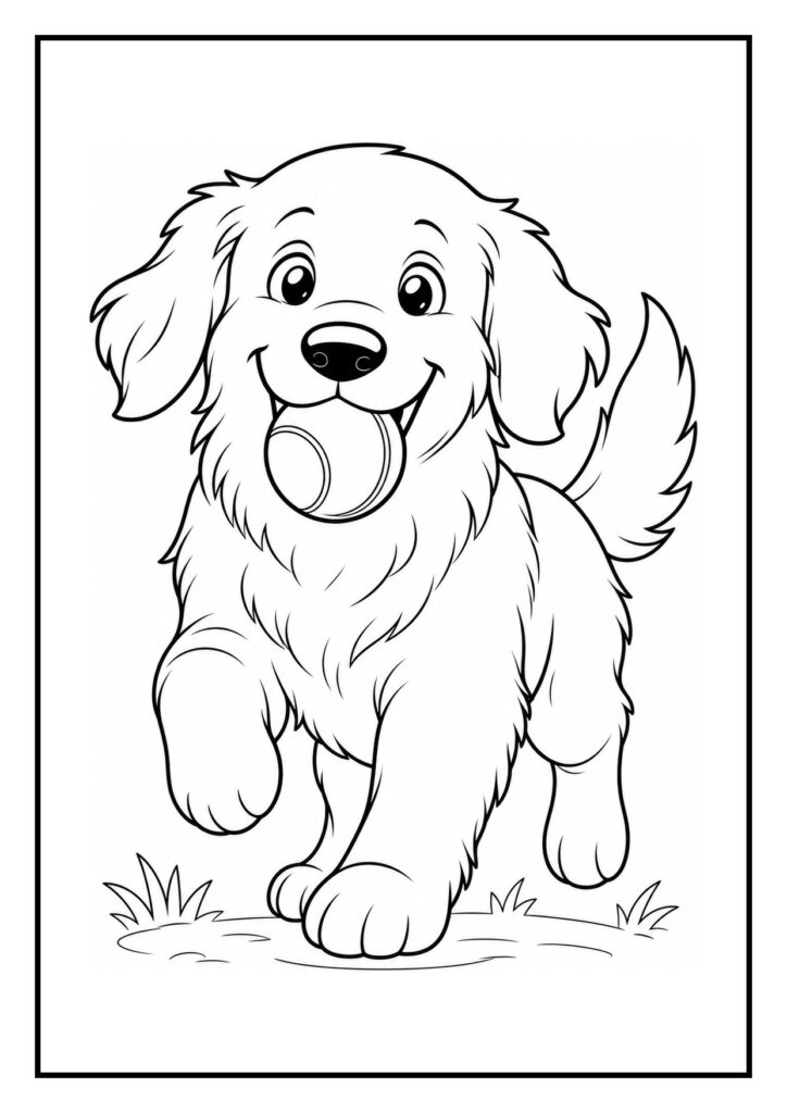 Leuke kleurplaat van een vrolijke golden retriever die een grote bal duwt om mee te spelen