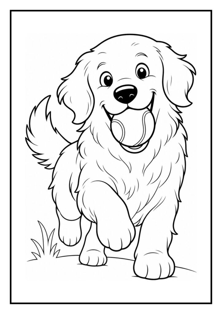 Golden retriever die vrolijk een hondenkoekje ontvangt op een kleurplaat voor kinderen
