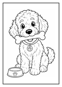 Kleurplaat van een schattige labradoodle die over een hekje springt met een bot in zijn bek