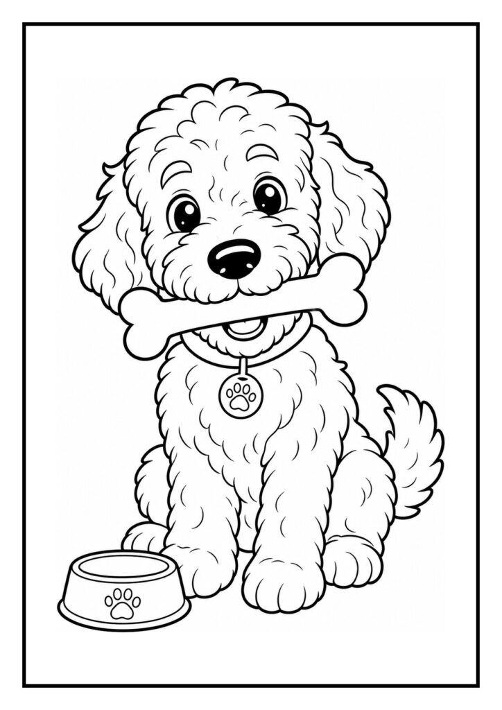Kleurplaat van een schattige labradoodle die over een hekje springt met een bot in zijn bek