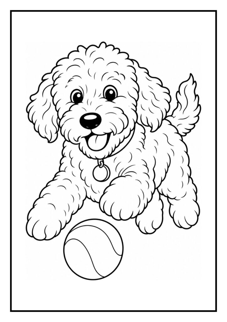 Kleurplaat van een schattige labradoodle die vrolijk een bloemenpad afsnuffelt met een bal in de buurt.