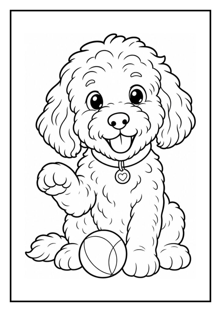 Kleurplaat van een Labradoodle hond die vrolijk met een sjaaltje in de wind speelt