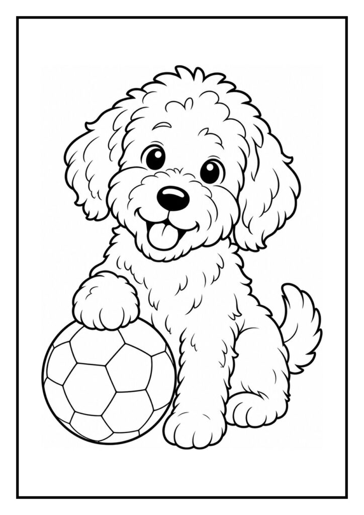 Labradoodle kijkt vrolijk naar een eend bij de vijver in een kleurplaat