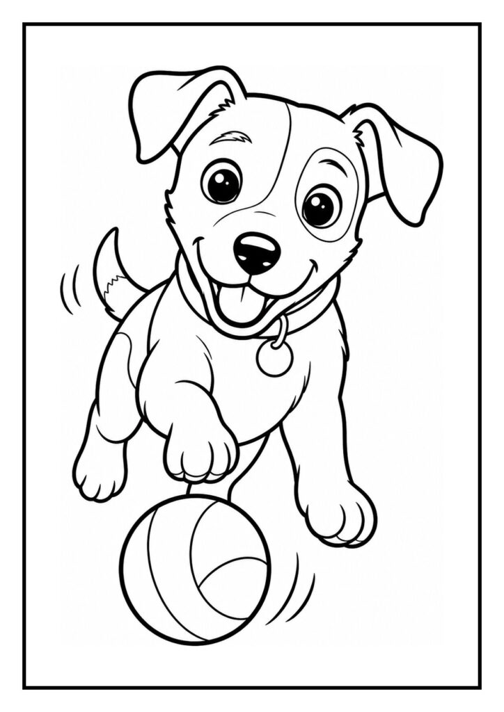 Kleurplaat van een speelse Jack Russell puppy die vrolijk over een lage hindernis springt