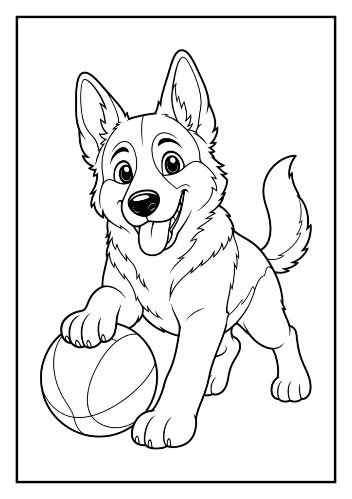 Kleurplaat van een Duitse herder die zich omdraait bij een geluid