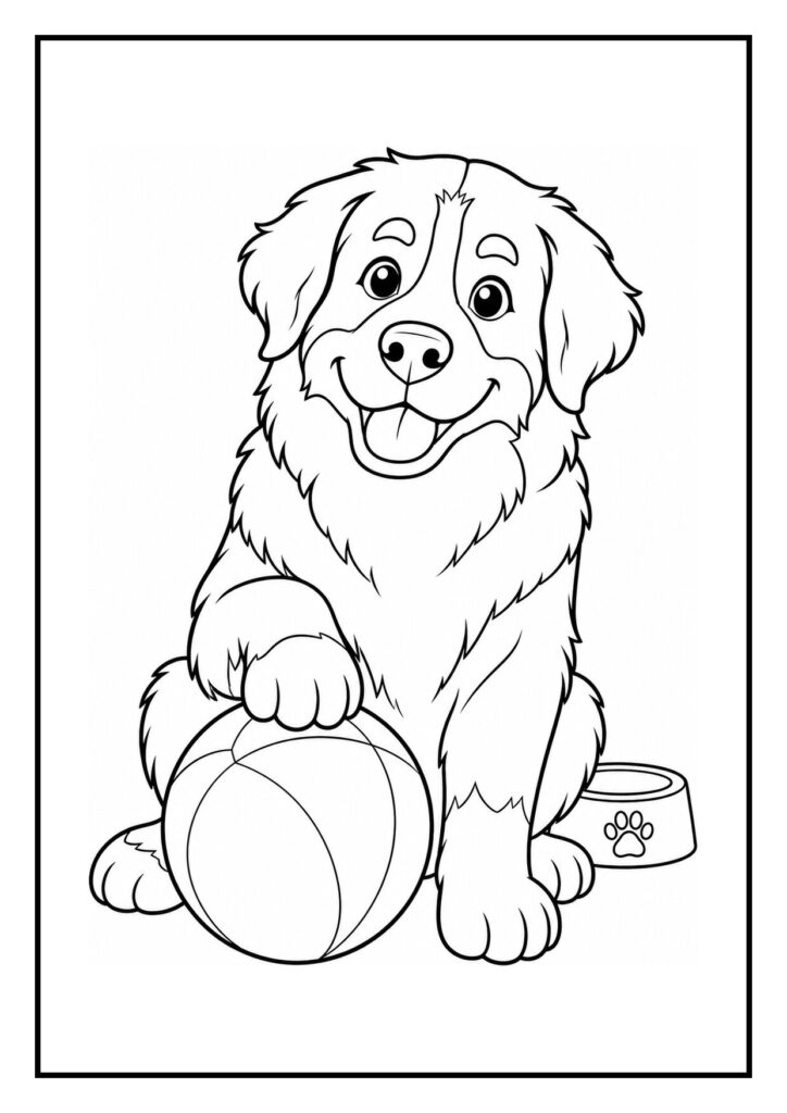 Kleurplaat van een schattige hond die speelt met een bal naast een modderige vijver en een voerbak