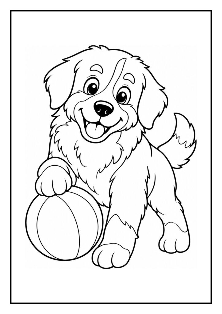 Schattige kleurplaat van een vrolijke hond die met een bal speelt bij een sproeier