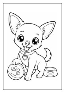 Kleurplaat van een schattige chihuahua die door een grote bal rolt, vrolijk spelend met zijn voerbak en bord met pootafdruk.