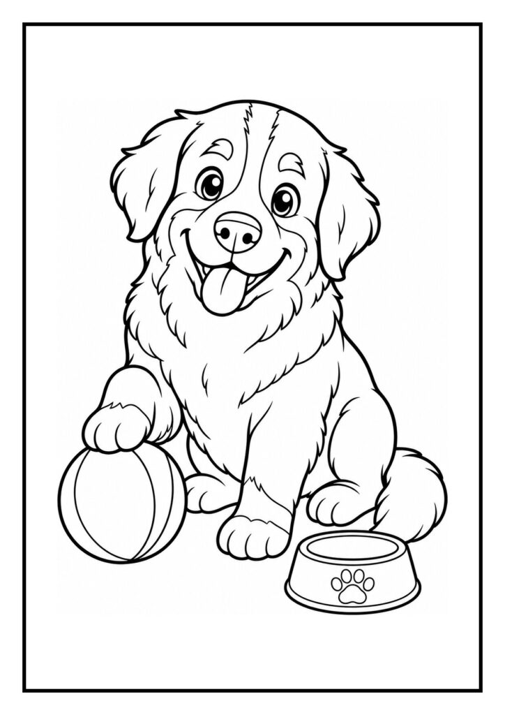 Kleurplaat van een vrolijke schattige hond die met zijn poot op een bal rust, naast een hondenbak op een bergpad.