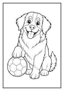 Kleurplaat van een vrolijke hond met zijn poot op een voetbal