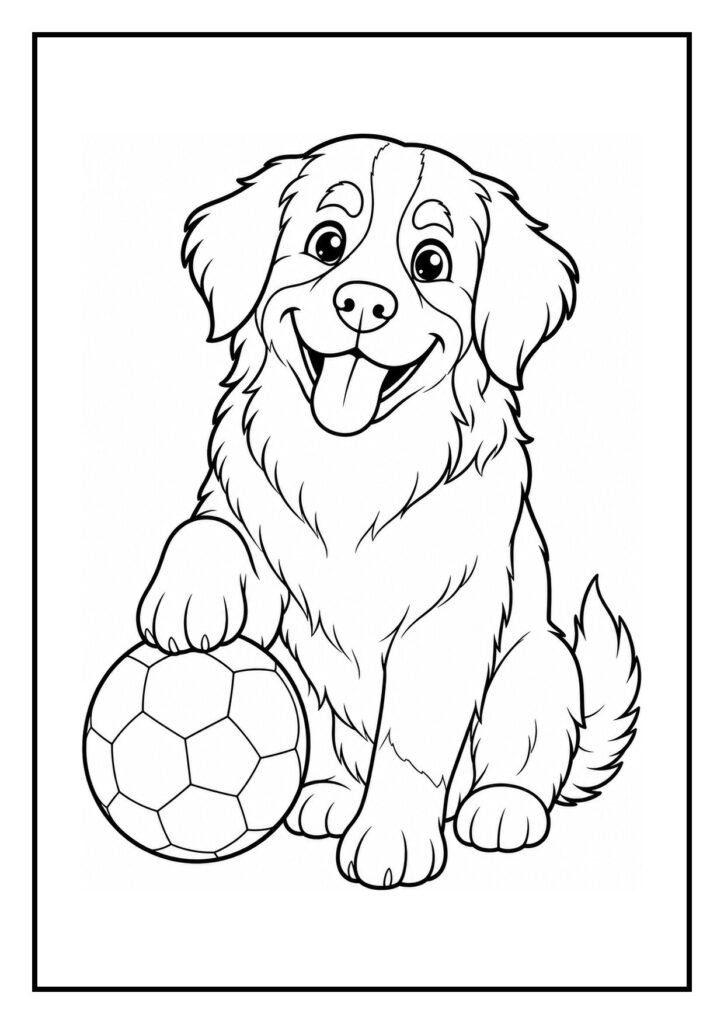 Kleurplaat van een vrolijke hond met zijn poot op een voetbal
