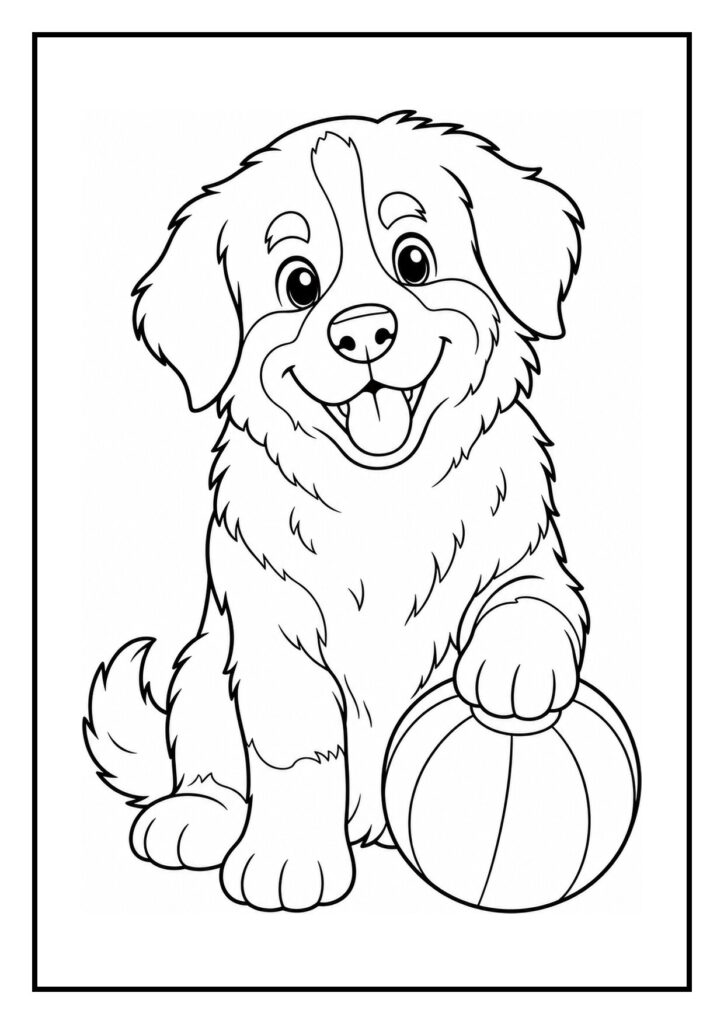 Kleurplaat van een schattige puppy die vrolijk naast een bolderkar met touw staat tijdens een touwtrekken wedstrijd.