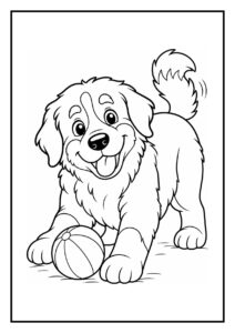 Leuke kleurplaat van een speelse hond die een bal vasthoudt en een verjaardagstaart bewaakt op een feestje