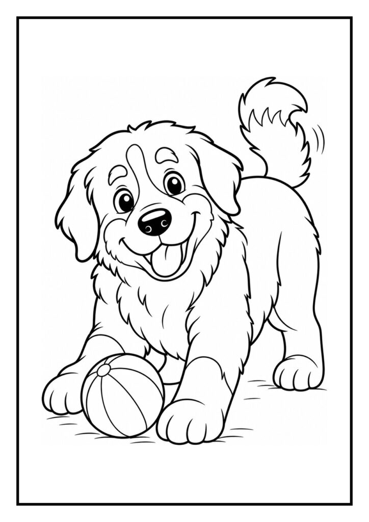Leuke kleurplaat van een speelse hond die een bal vasthoudt en een verjaardagstaart bewaakt op een feestje