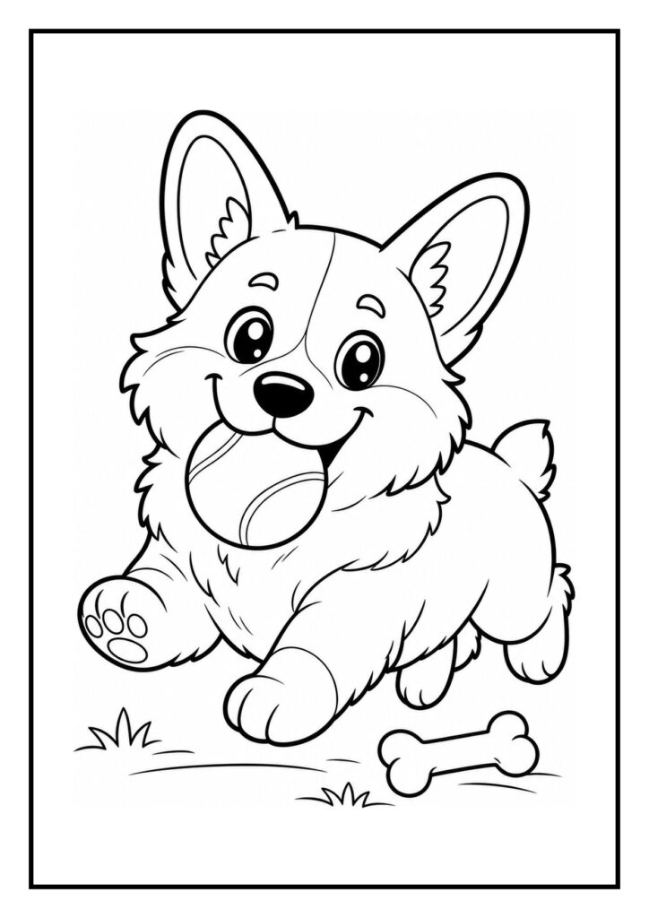 Leuke kleurplaat van een vrolijke corgi die achter een bal aanrent