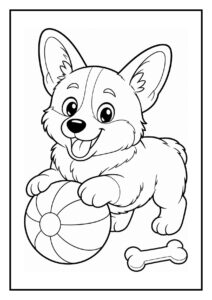 Kleurplaat van een schattige corgi puppy die vrolijk met een bot speelt en een bal naast zich heeft