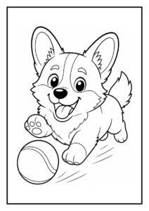 Kleurplaat van een vrolijke corgi hond die in een zandbak graaft