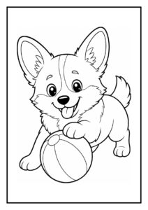 Kleurplaat van een vrolijke corgi die door een plas water spettert