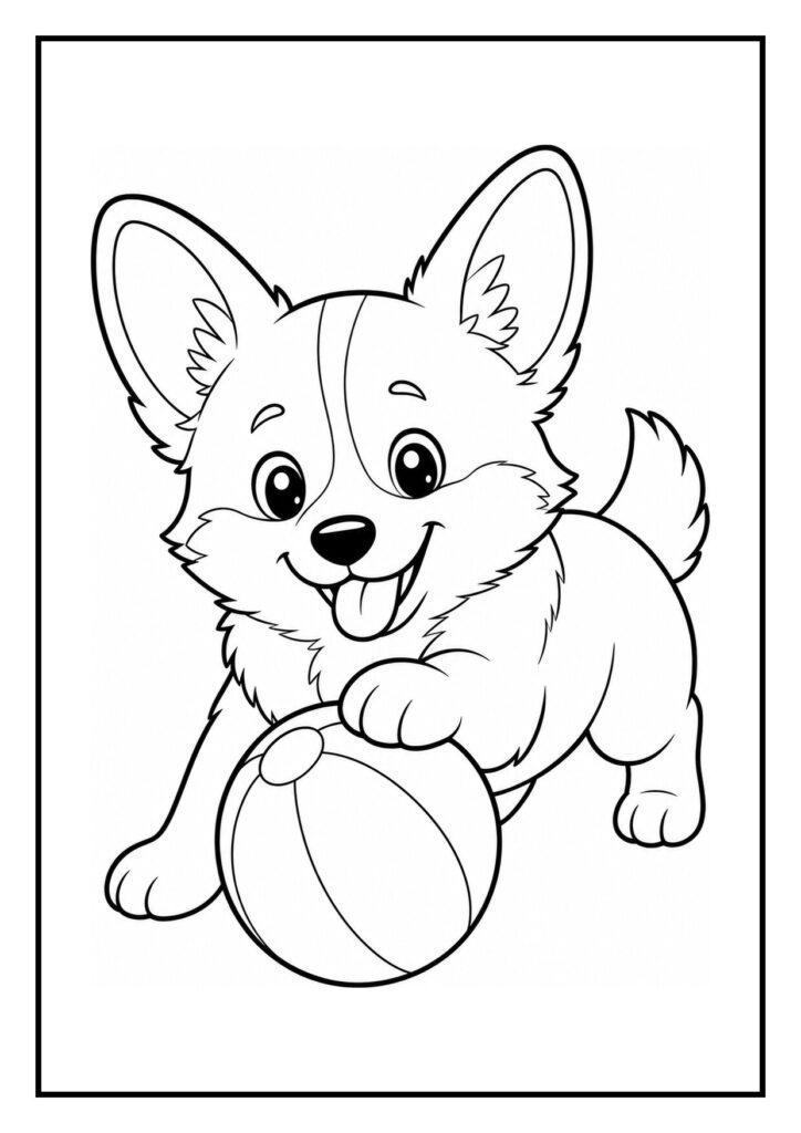 Kleurplaat van een vrolijke corgi die door een plas water spettert