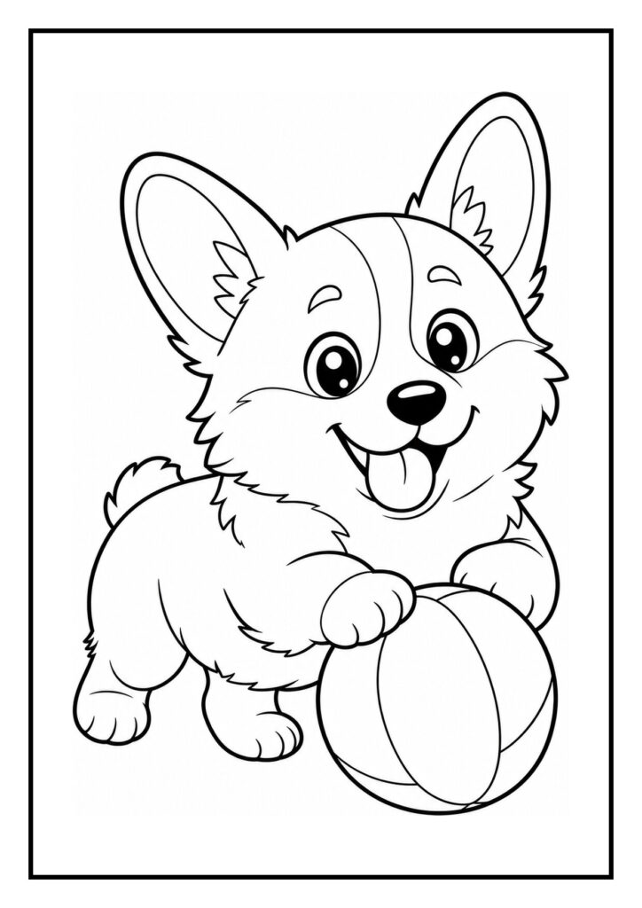 Kleurplaat van een corgi puppy die vrolijk bloemen in de tuin besnuffelt.