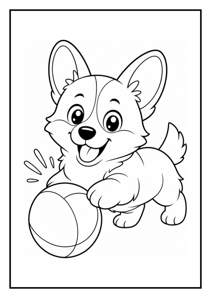 Kleurplaat van een speelse corgi die vrolijk door een hoepel springt met een bal in de buurt.