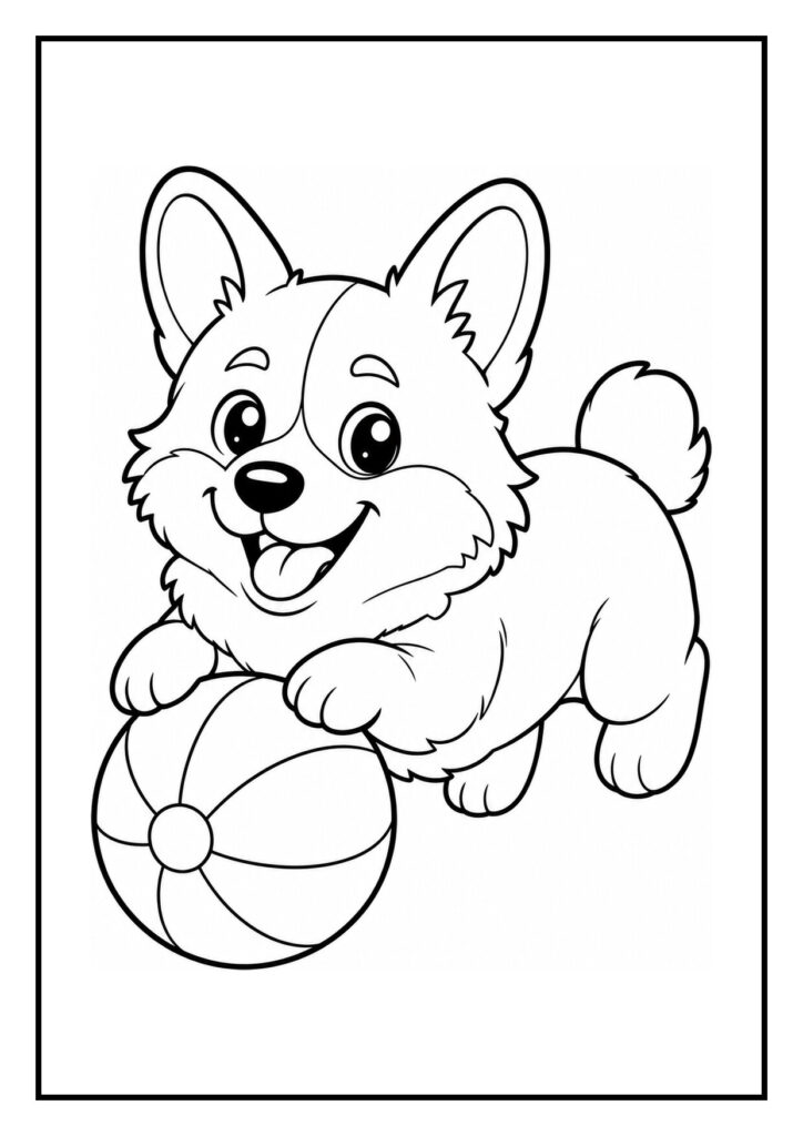 Kleurplaat van een vrolijke corgi die naast een hondenbak met water staat en speelt
