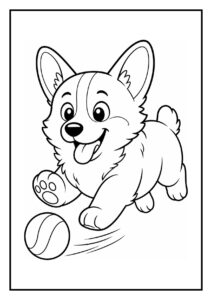 Vrolijke corgi puppy die speels achter zijn eigen staart aan rent op een kleurplaat