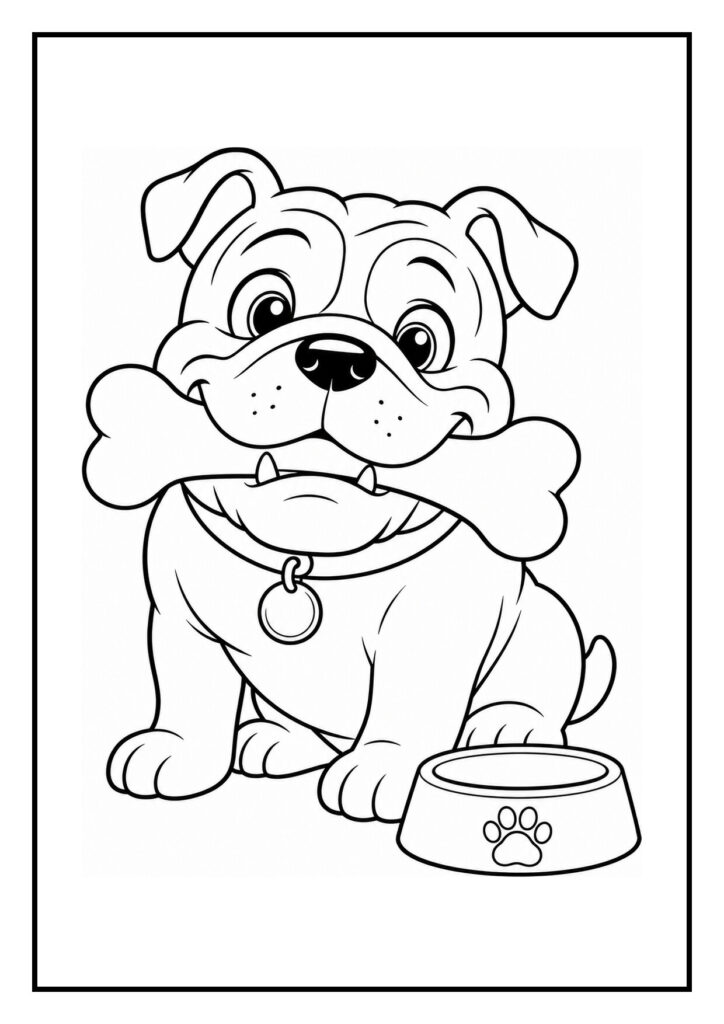 Kleurplaat van een vrolijke bulldog die een rollende bal vangt tijdens het spelen